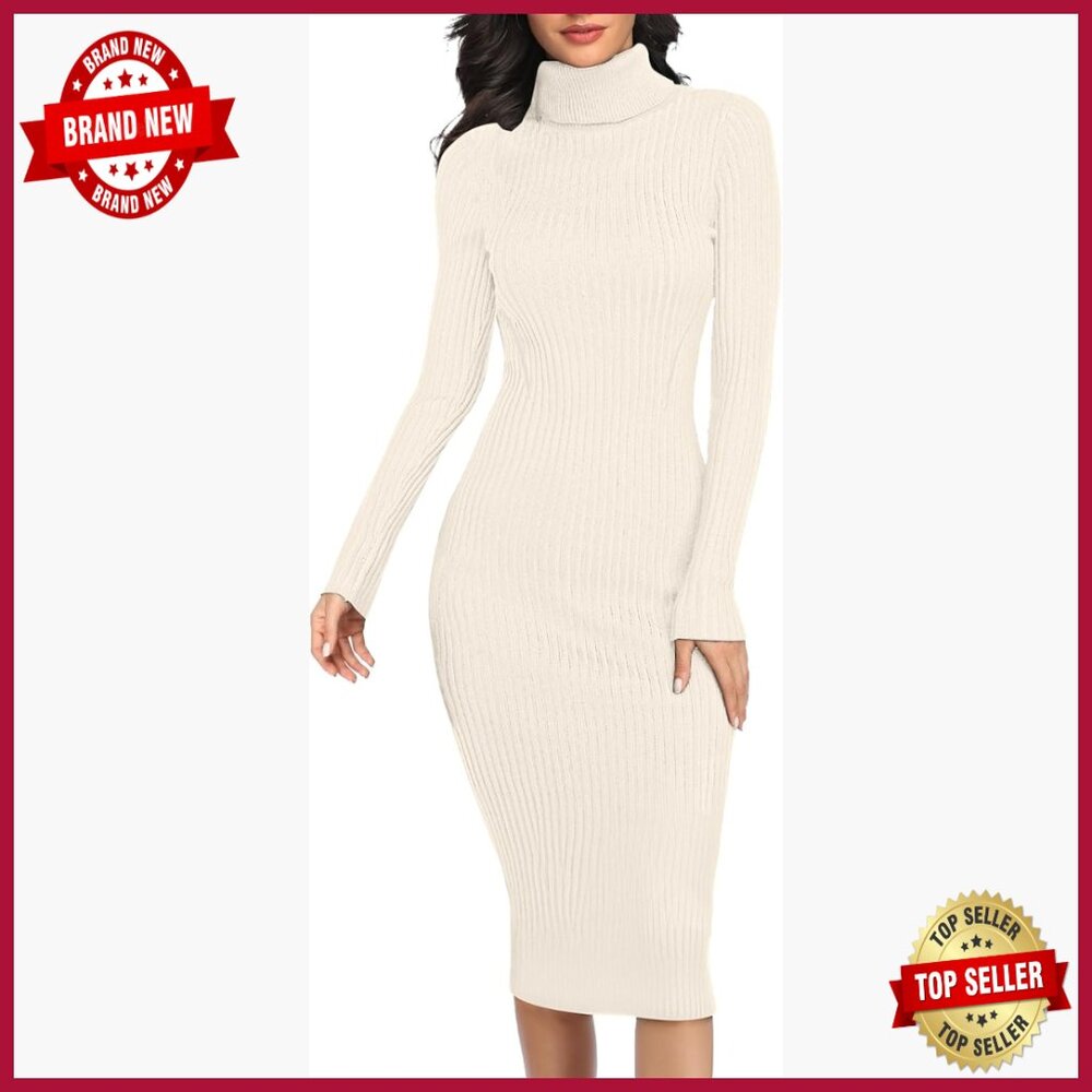 Slim Fit Turtleneck Ribbed Midi Sweater Dress Long Sleeve Bodycon Winter
